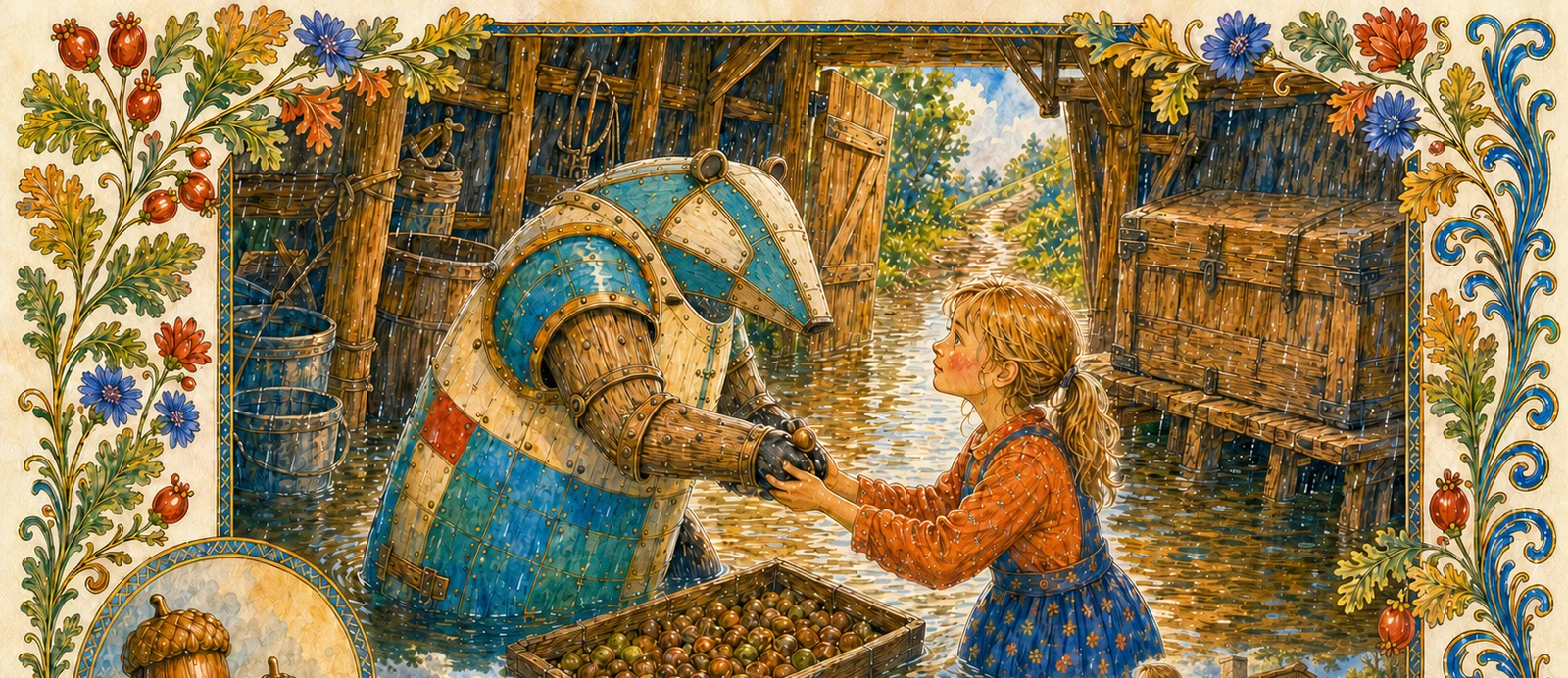 From a dry threshold, Hannah's father pulls a red emergency rope and the iron badger pauses in the flooded shed. Beyond them, adults test a raised plank path while Hannah watches from the dry granary steps.