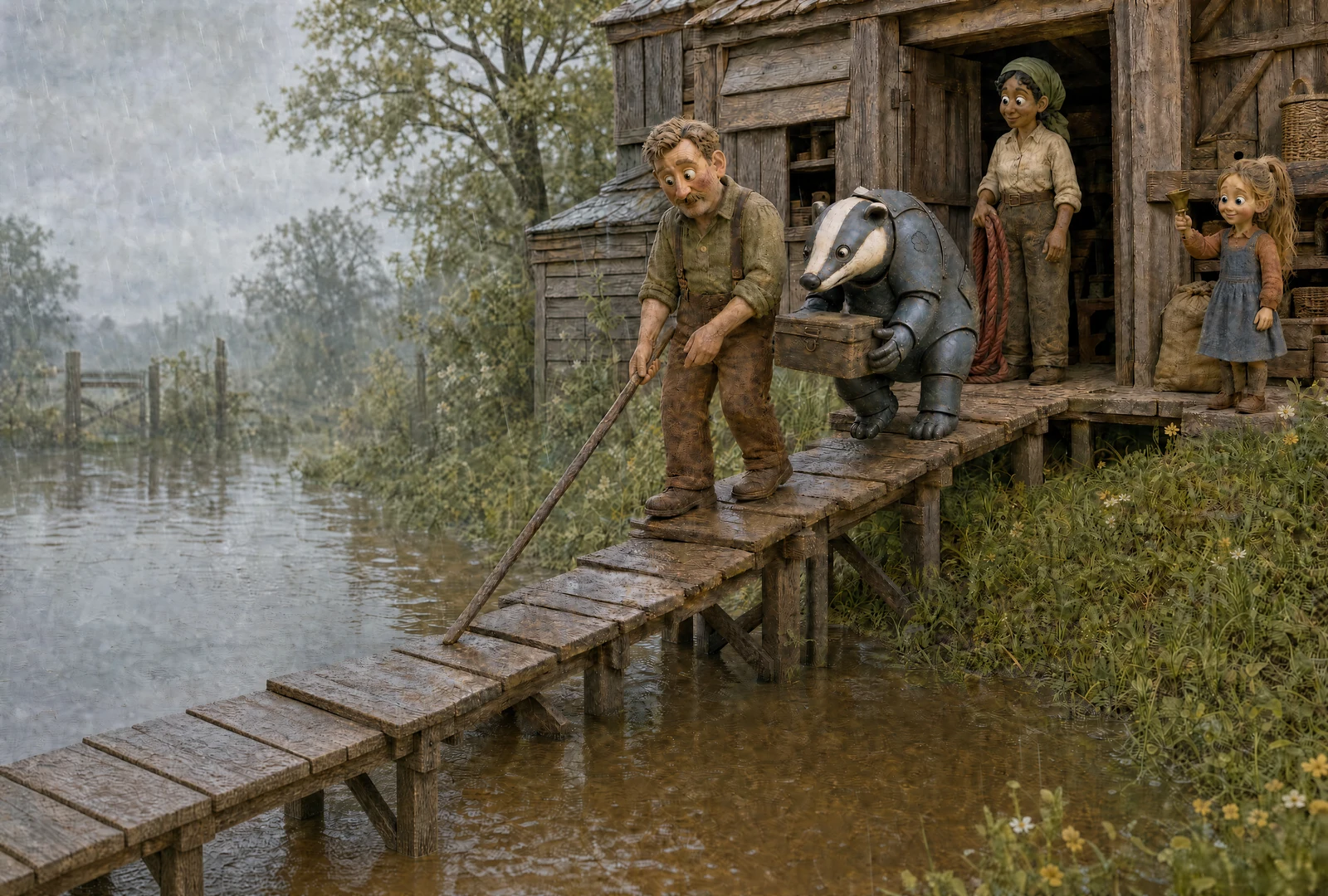 An adult tests a raised plank path above floodwater with a pole. The Badger carries a box behind him; another adult holds a red rope at the shed door while Hannah raises a bell.