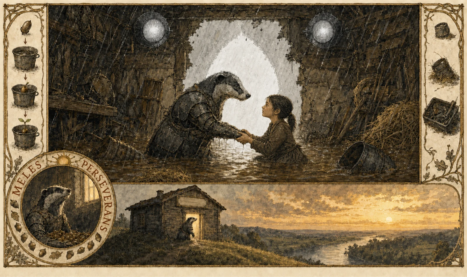 Brown flood water swirls through the shed. A soaked girl holds the badger's working paw in both hands and looks up into its rain-streaked eyes; everything else is in motion, and the two of them are still. A small vignette shows the shed rebuilt on higher ground.