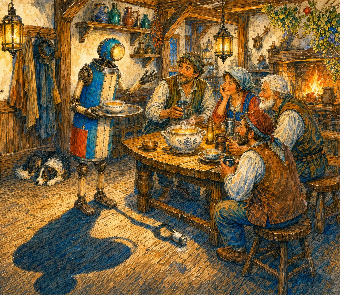 In a firelit inn, one polite serving machine carries a bowl past four adult patrons. Its own connected machine-shaped shadow stretches across the floor and reaches toward the salt cellar under the table.