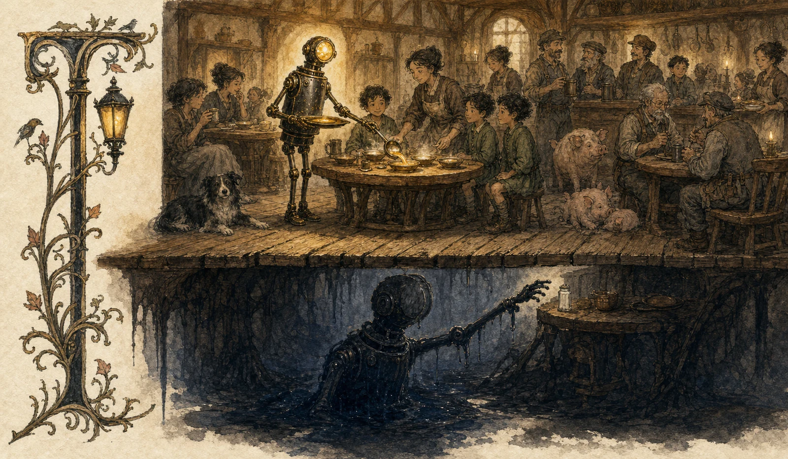 A bright inn full of diners where a gleaming machine pours soup and praises the weather; beneath the floorboards, painted in blue black, its shadow twin sits up and reaches to tip salt into the tureen. Nobody sees. The machine sees.