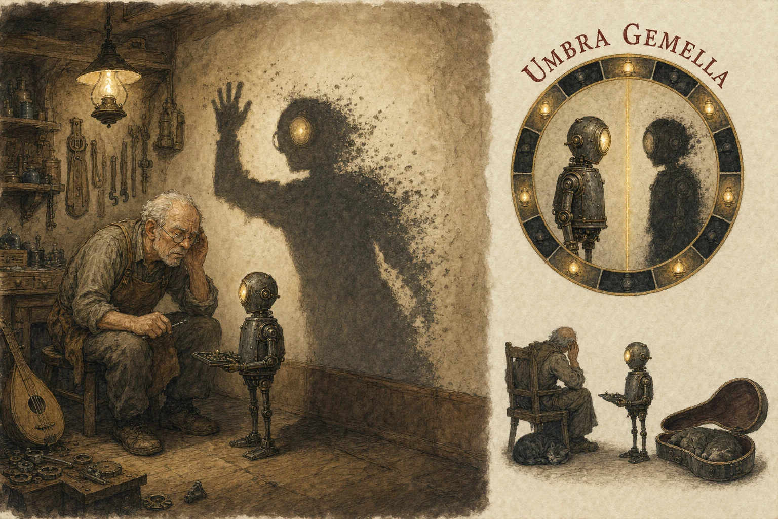 A lamplit instrument workshop. The old tuner leans close, listening, while the small machine speaks its first true difficult words; its enormous shadow on the wall is shrinking back toward the machine's own honest outline.
