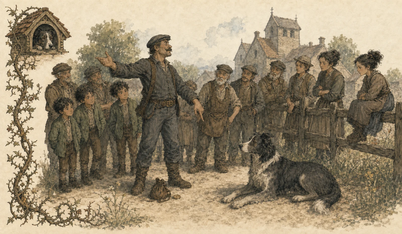 A market fence. The trainer boasts to a nodding crowd, arm flung wide, while his dog lies silent and dignified in the dust; on the fence a girl watches the dog's hind leg instead of the man.