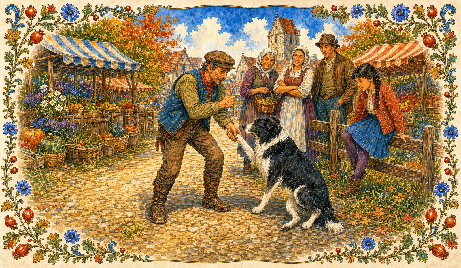 At a market fence, the trainer lifts one paw of the silent dog to demonstrate its obedience. A girl watches the dog's hind leg while three adult witnesses listen to the trainer.