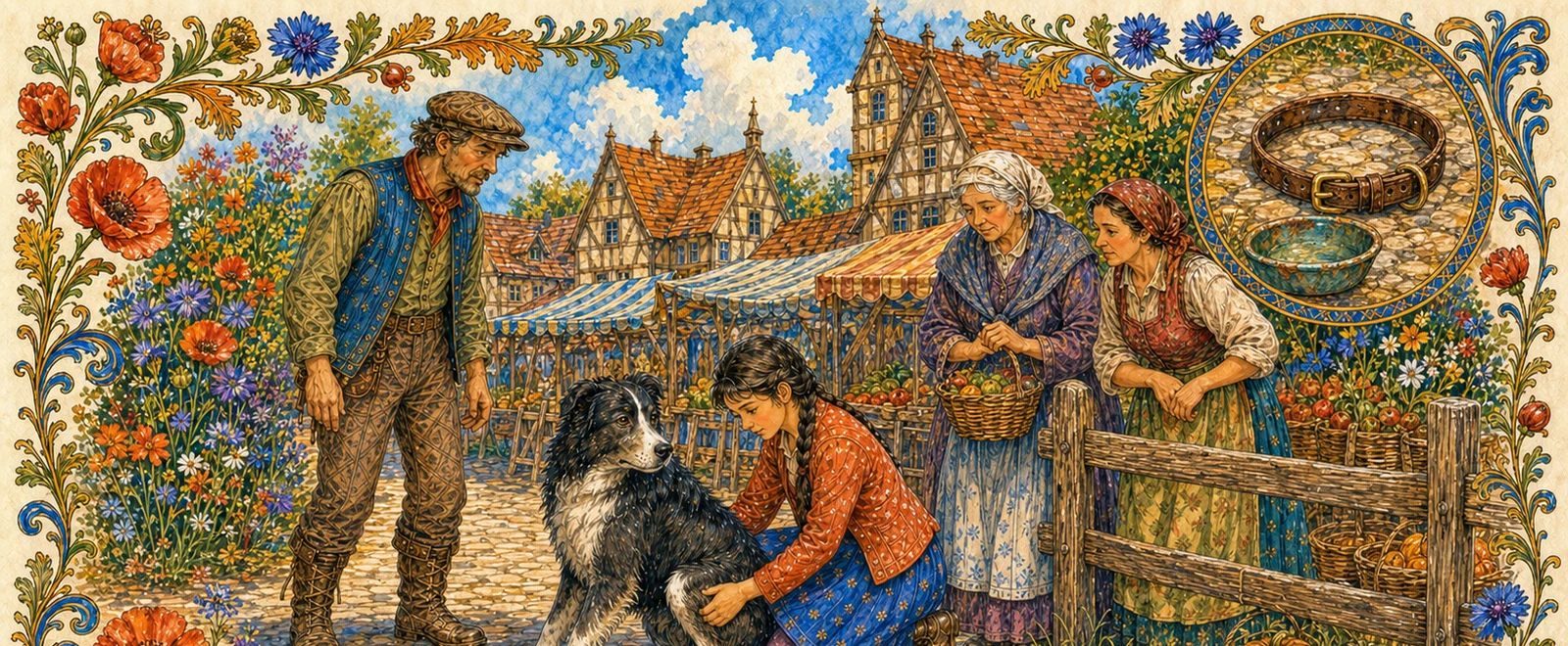 In a quiet patch at the market, the girl stands beside her father while a healer examines the silent dog's strained hind leg. The market keeper holds the lead; the trainer stands back, no longer boasting.