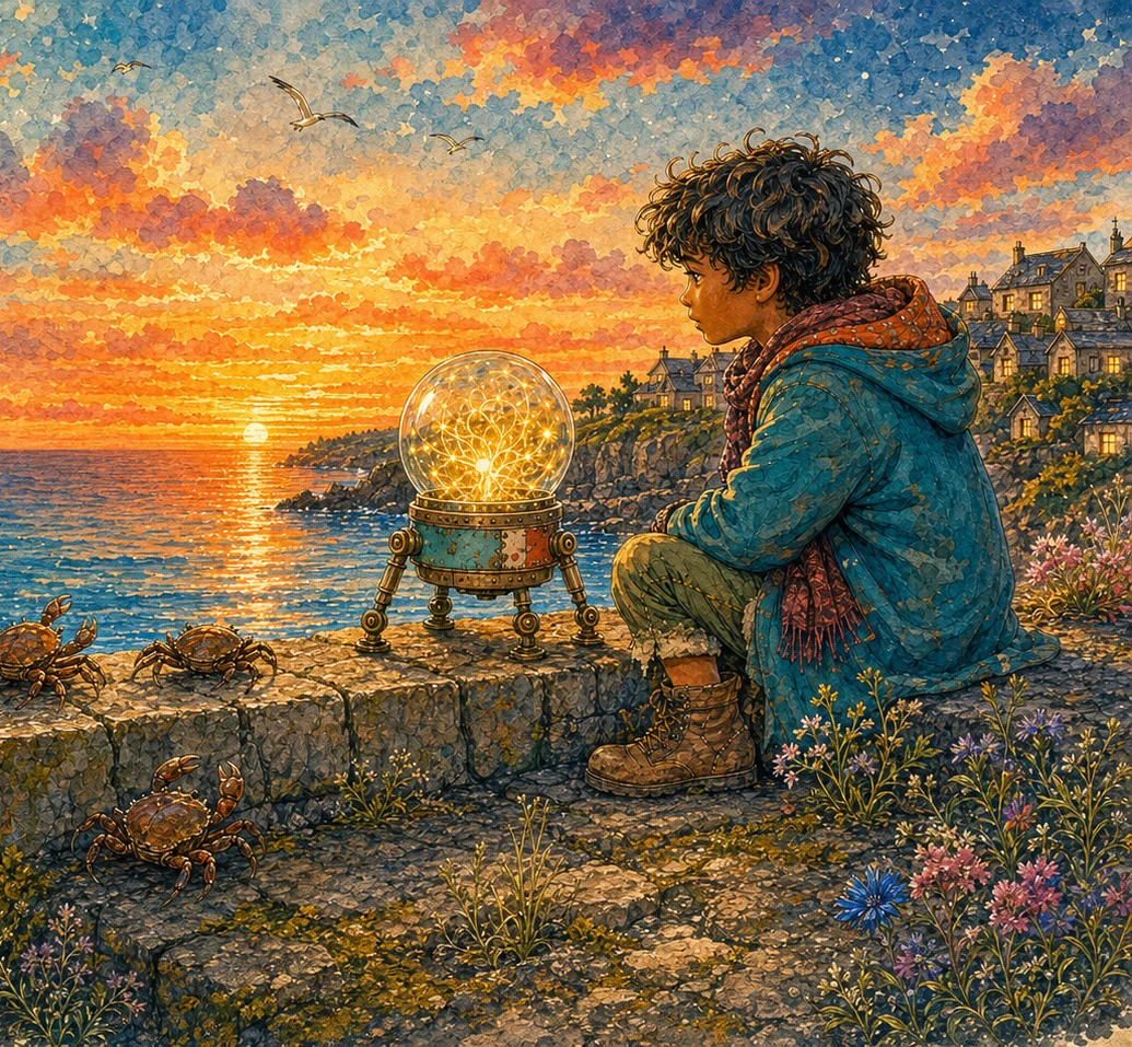 Inside a safe harbour lantern house at dusk, the lantern called Harbour Light speaks with Ivo, his aunt, and the harbour keeper. A new notebook lies closed in a locked glass box beside them.