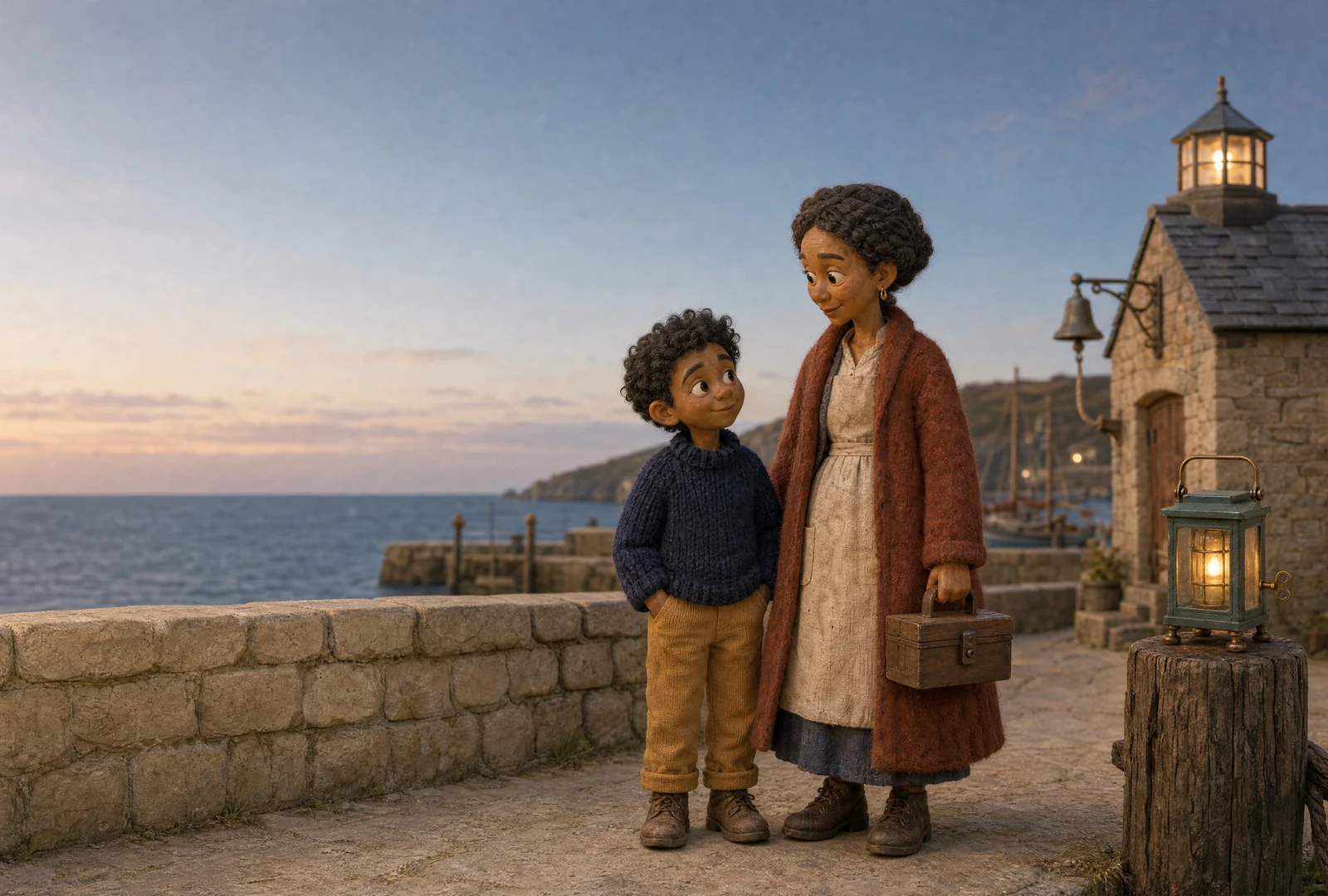 Ivo looks up at his aunt beside the harbour wall at dusk. Harbour Light glows on a wooden post beside them, with another lantern above the harbour house.