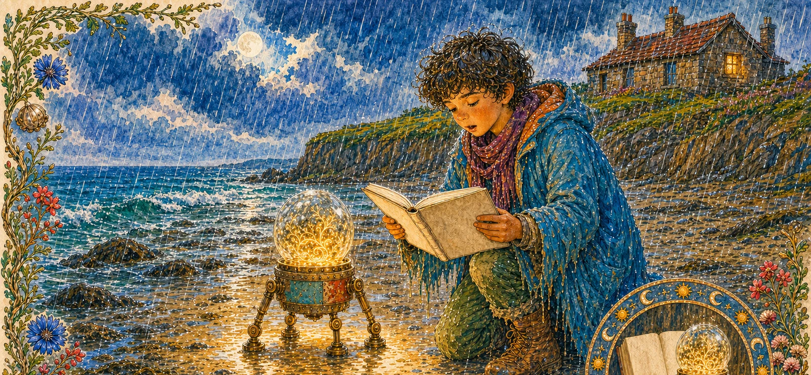 At dawn in the lantern house, Ivo writes one honest blank in the shared notebook while Harbour Light, his aunt, and the harbour keeper attend. The barred storm door keeps everyone back from the wet harbour wall.