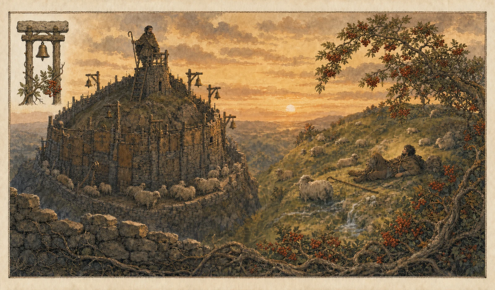 Two facing hills with a valley between. One hill is walled, fenced, and hung with bells, its shepherd forever patching; the other is open, ringed with rowan trees around a spring, its shepherd lying at ease among loose contented sheep.