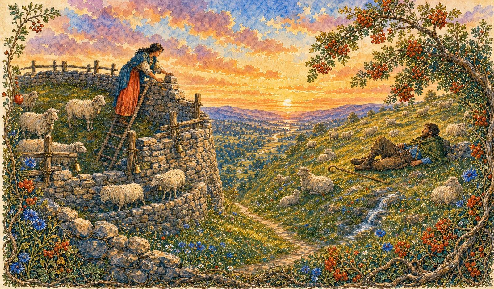 Two facing hills with a valley and common between. Tomas's hill is enclosed by high walls and compulsory bells; Leila's has low walls at the named dangers, rowan shelter, clear water, and a gate opening both ways.