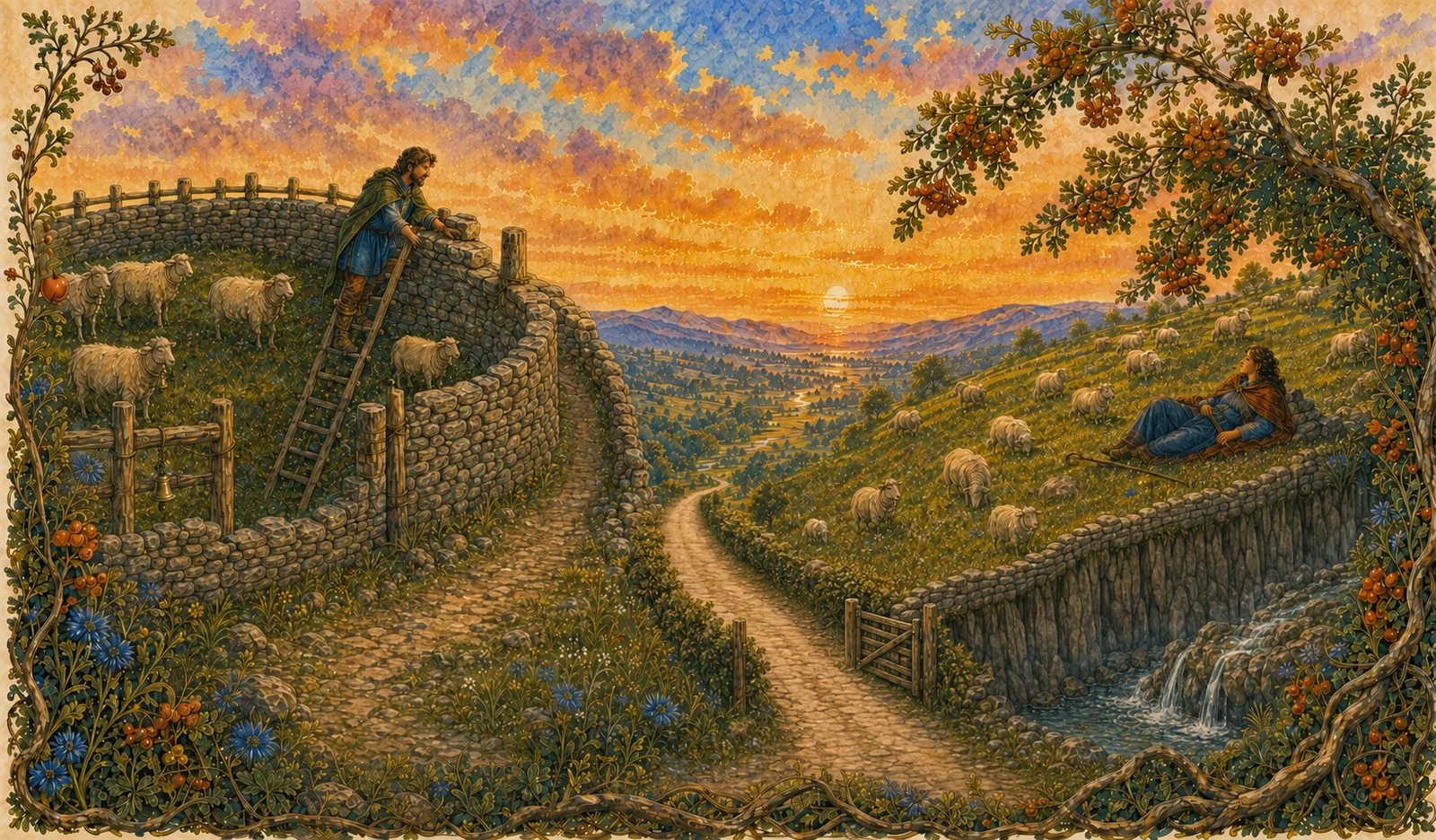 Two facing hills overlook a broad common at sunset. On the left, Tomas works from a ladder on a high dry-stone enclosure that blocks a path. On the right, Leila rests beneath a rowan among freely grazing sheep, inside a low cliff wall and roadside hedge. A spring and an open two-way gate meet the clear road to the common.