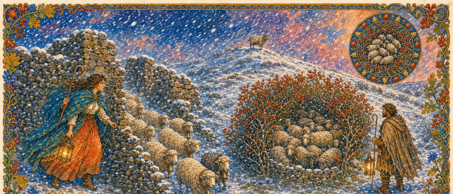 After the snowstorm, Tomas opens his gates beside Leila and the healer. Sheep choose paths towards Leila's hill, the shared common, or home while low walls remain above the cliff and beside the road.