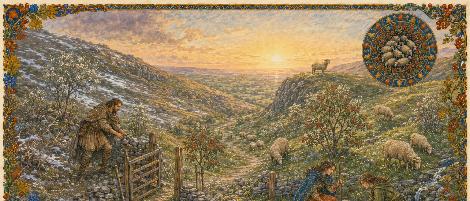 The two hills pass from melting snow into early spring. Tomas lowers an unnecessary wall beside an open two-way gate while Leila and a healer tend a recovering sheep. A clear spring, young rowans, low safety walls, and an unobstructed path lead towards the common. One ewe watches from the ridge.