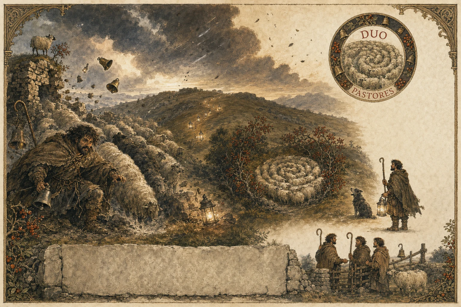 The night storm over both hills. On one side sheep pour through a breached wall into the white dark; on the other the flock spirals down of its own accord through the rowans into a sheltered hollow, pressed together in the warm wool dark.