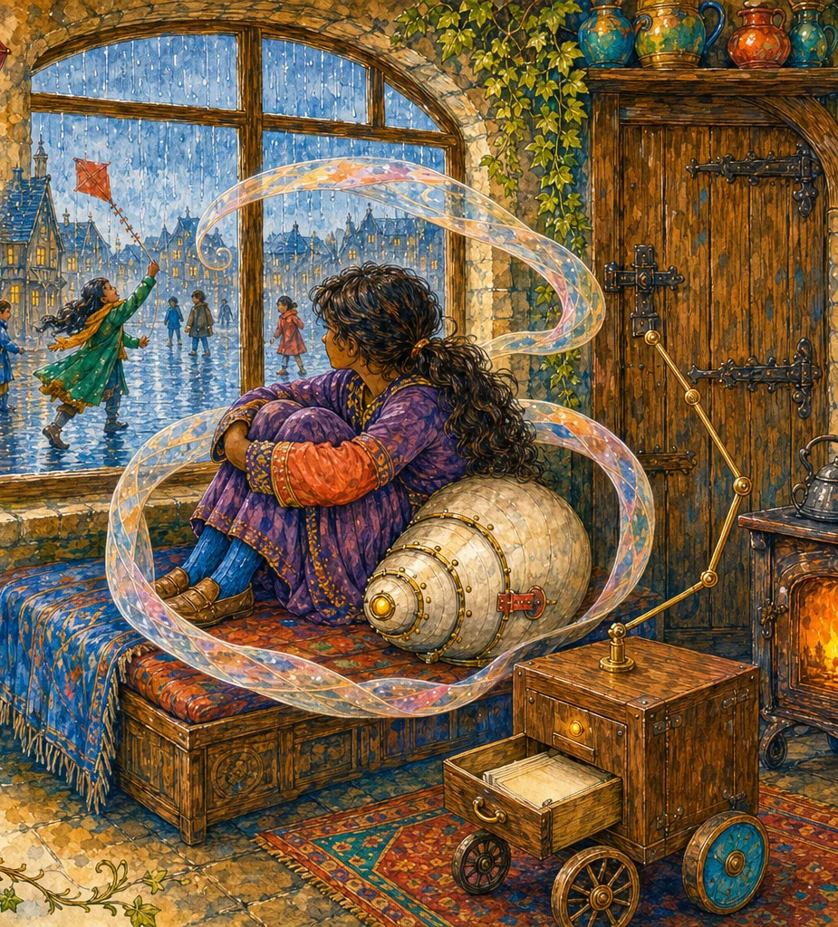 Mara sits in a rain-streaked window with two small companions: an ivory shell-shaped Siren glowing warmly beside her, and a walnut-and-brass Muse box on three wheels, with blank cards and a pointer arm. A red kite struggles outside.