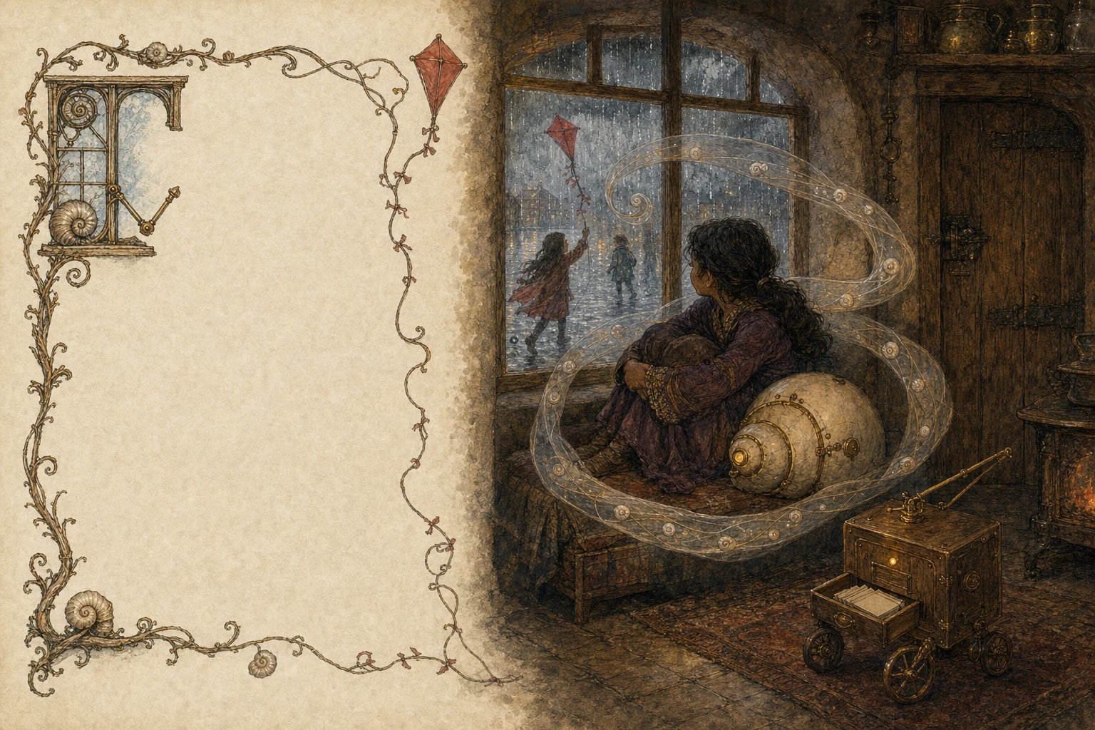 Mara sits in a rain-streaked window with two small companions: an ivory shell-shaped Siren glowing warmly beside her, and a walnut-and-brass Muse box on three wheels holding blank cards and a pointer arm. A red kite struggles outside.