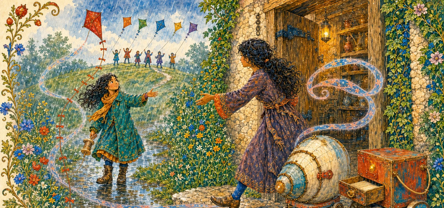 At an open doorway in spring rain, Mara stands and takes her first step toward Safi, toward the red kite, and toward the green hill. The shell-shaped Siren moves beside her and the three-wheeled Muse rolls after her over the threshold.