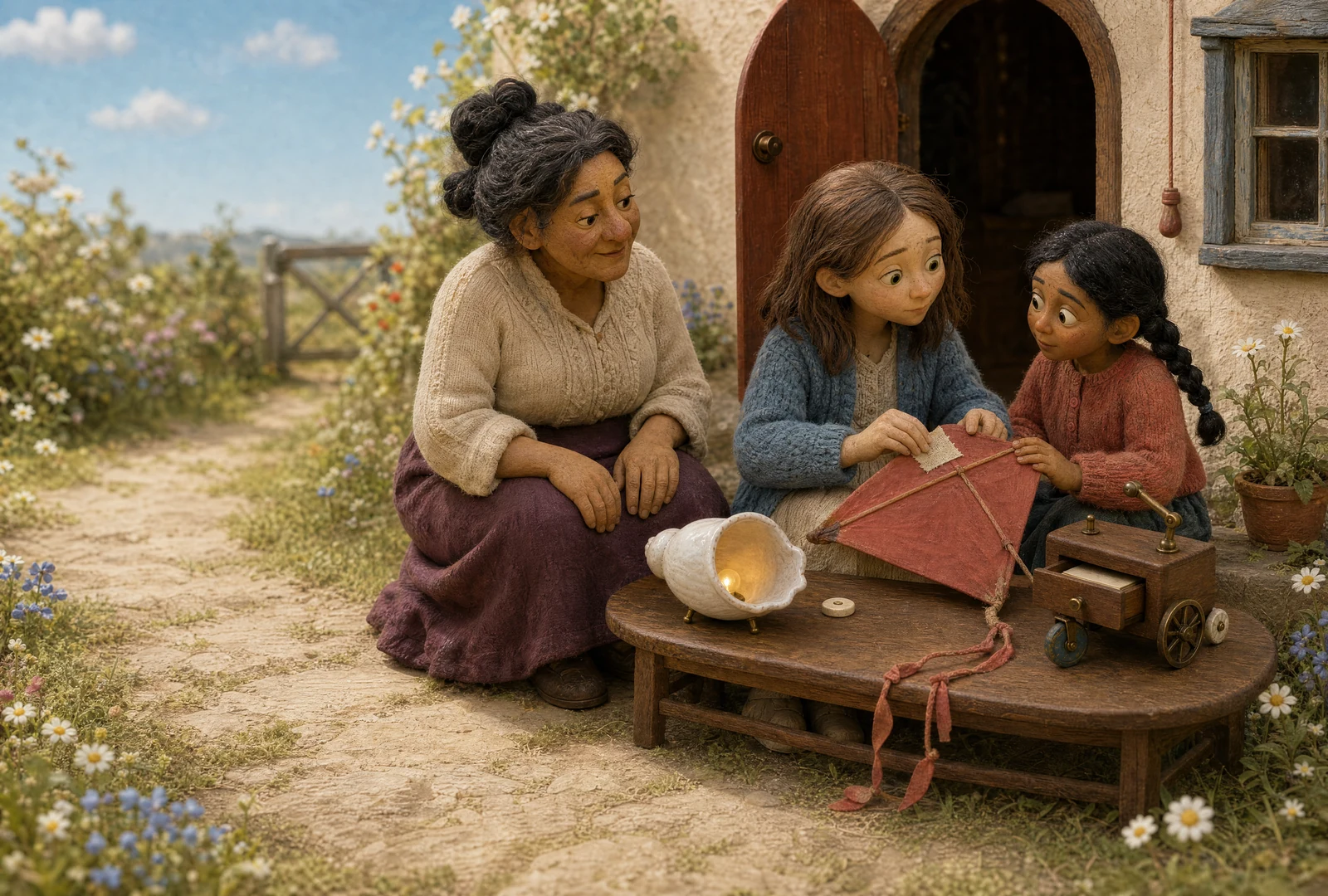 Mara and Safi mend a red kite together outside the cottage while Mara’s aunt sits beside them. The glowing shell Siren, Muse and pause switch rest on their low table.