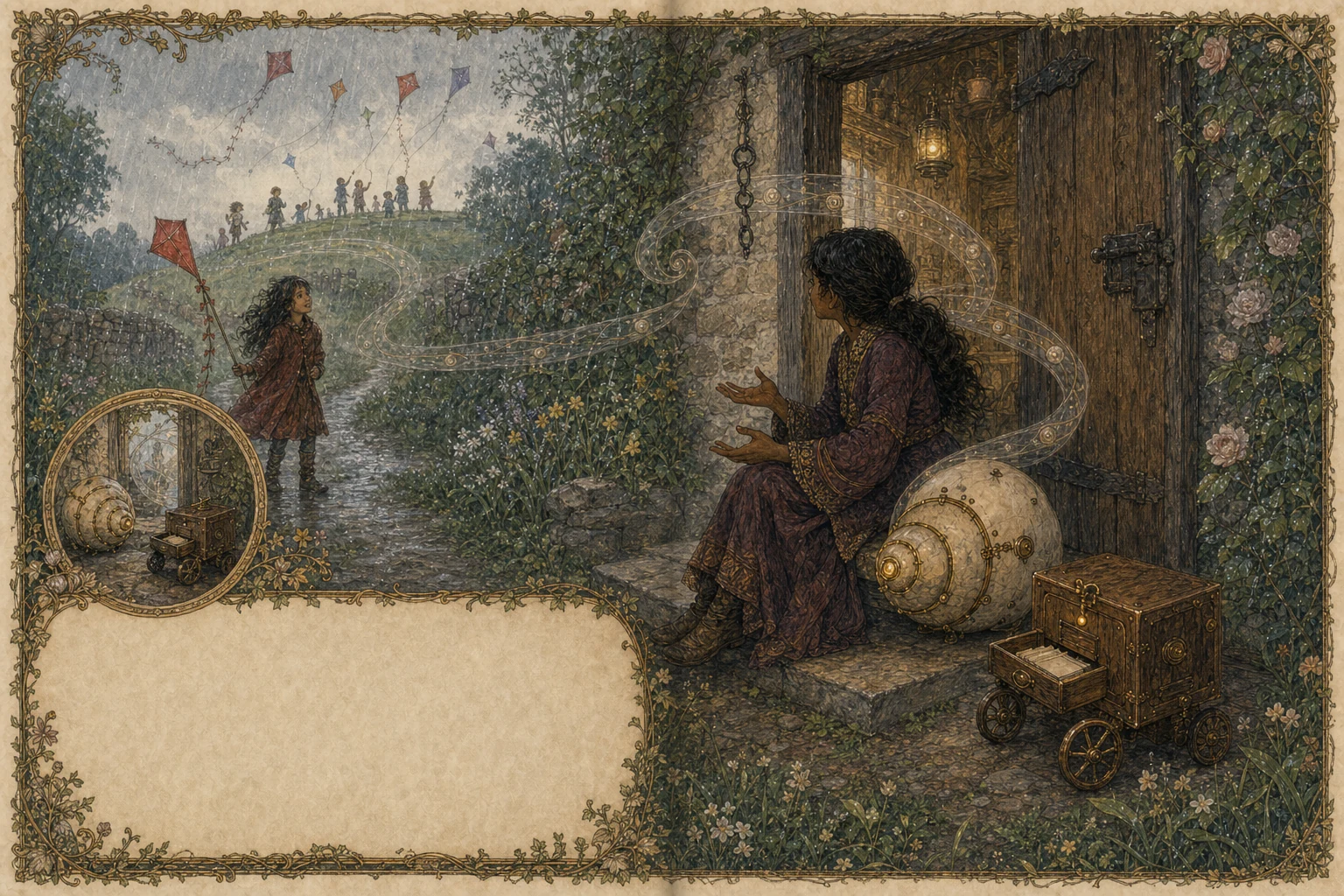 At an open doorway, Mara steps toward Safi, kites, and the green hill while the Siren and Muse accompany her. The Siren's shell light strains toward the outside; the Muse rests its pointer arm and waits beside the door.