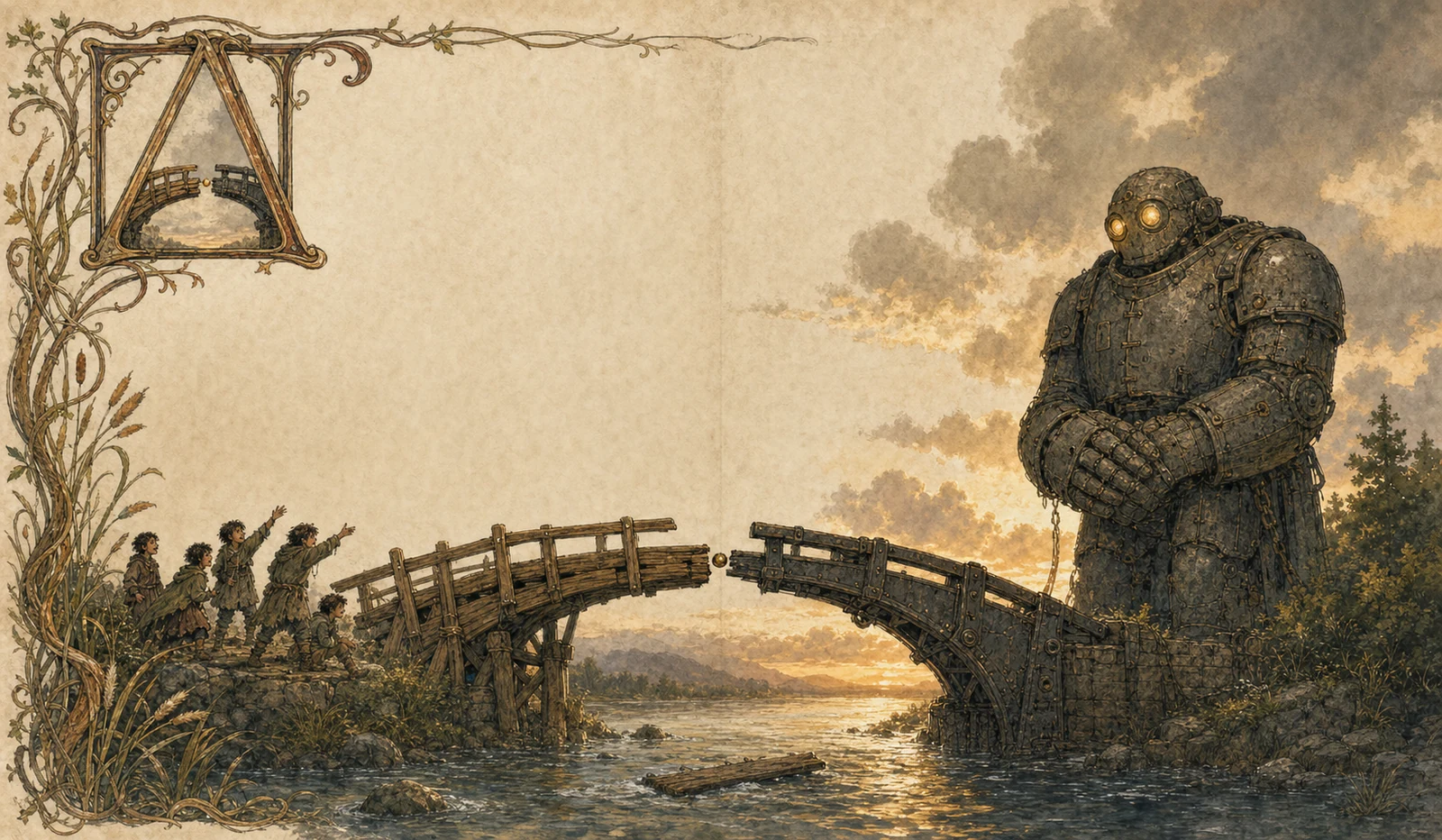 Storm light on a river where two mismatched half-bridges, one timber and rope, one iron and rivets, grind together crookedly at midstream; children shout from one bank while a huge gentle machine stands quiet on the other.