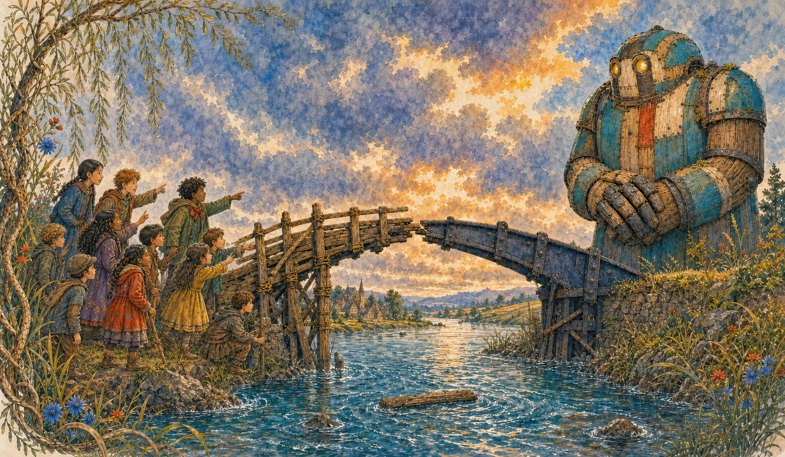 Storm light on a river where two mismatched half-bridges, one timber and rope, one iron and rivets, grind together crookedly at midstream. Responsible adults keep the children on dry ground while craftspeople watch from both banks.