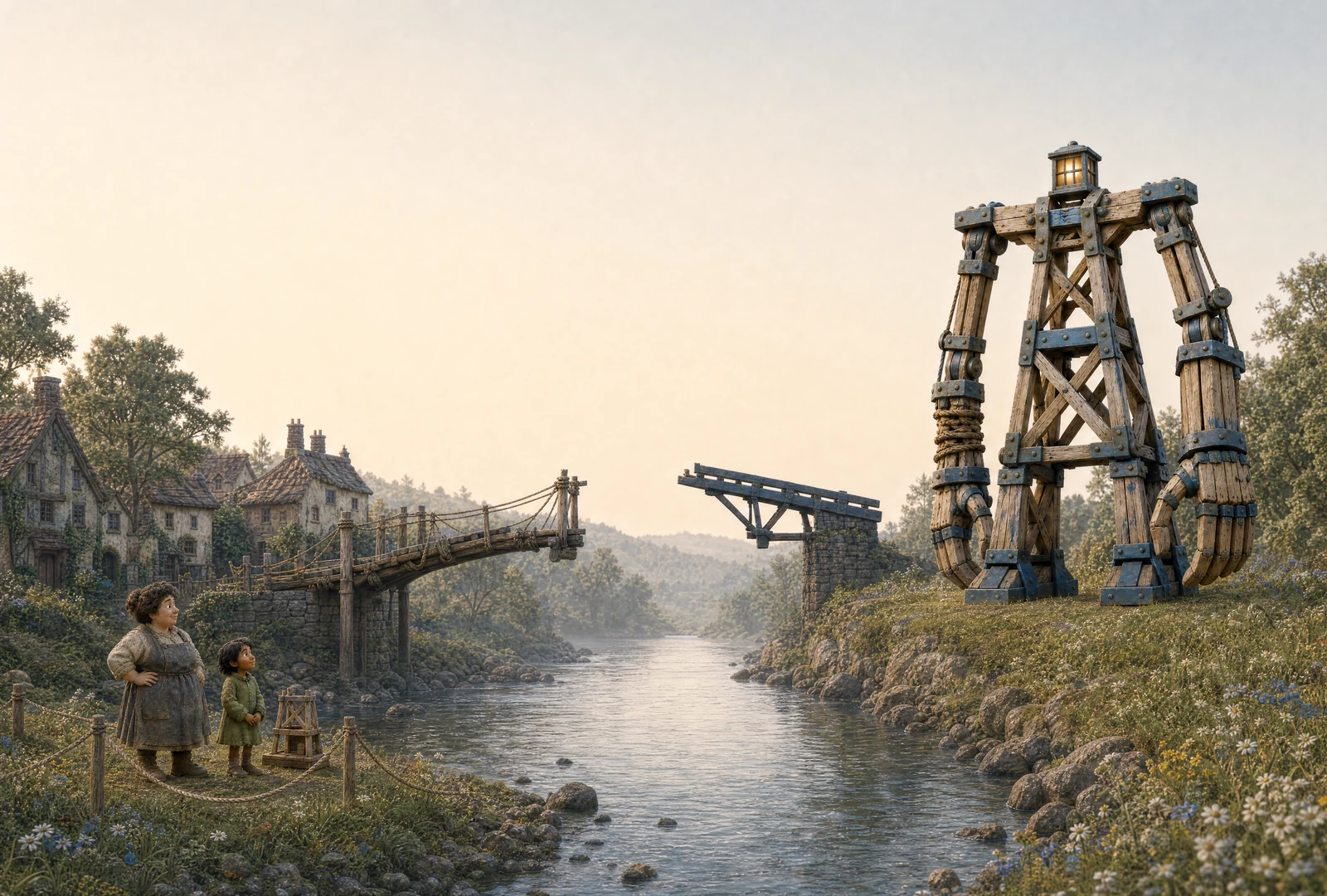 Two unfinished bridge halves reach towards one another across a river. A tall timber-and-blue machine stands on the right bank; a child and adult wait behind a rope beside a model.