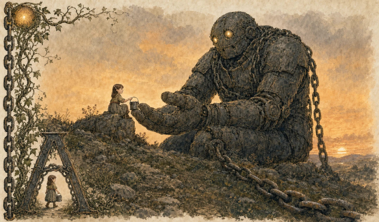 A hillside almost filled by a seated giant, weathered like a stone outcrop, a great chain running from his ankle to the mountain's root; on a stone in front of him, well within reach of his enormous hands, a small girl sits calmly with a pail of soup.