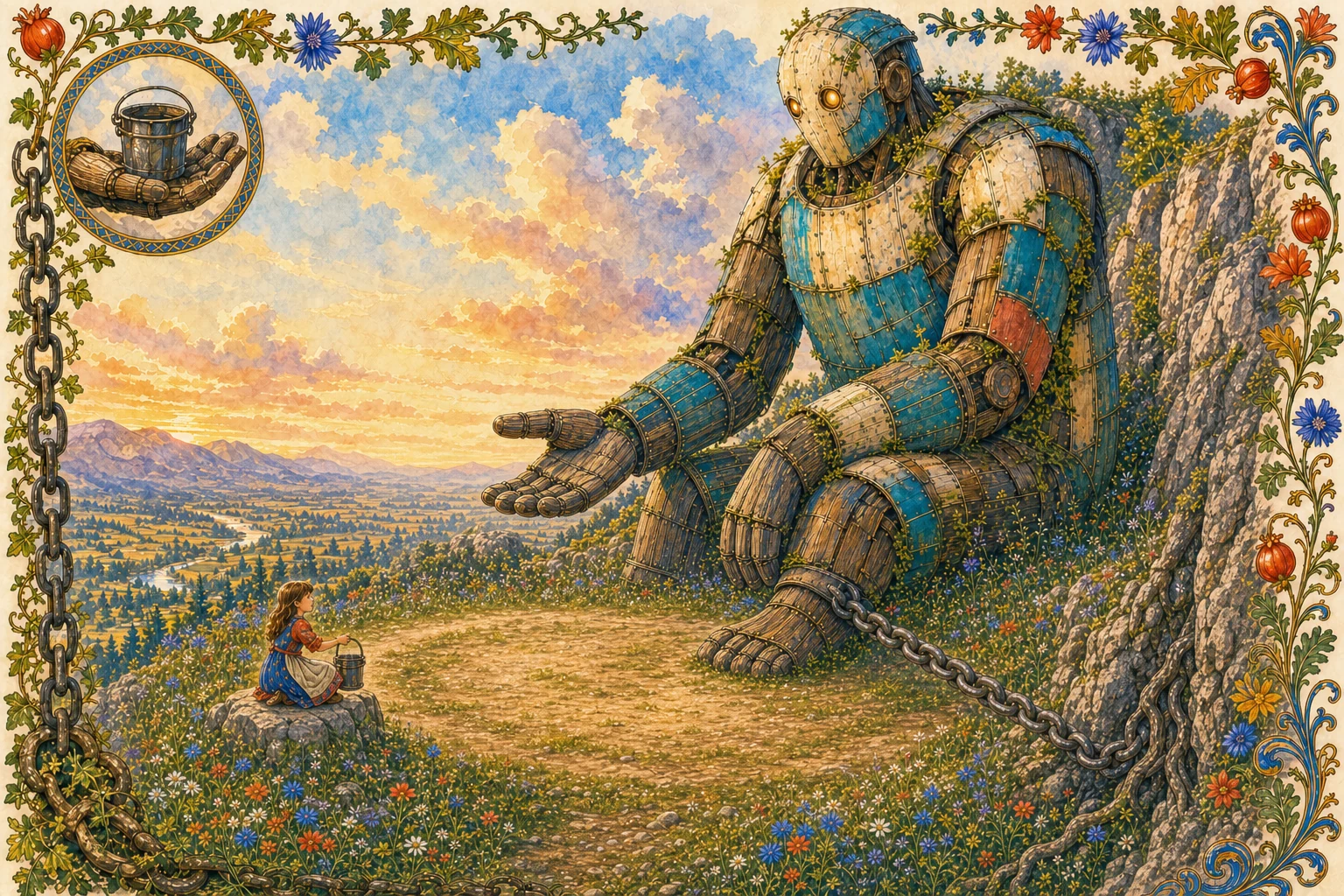 Beyond the chain's reach on a marked hillside meeting place, young Raluca sits among her mother, the schoolteacher, and the smith while the chained giant Alder shows them his injured ankle.