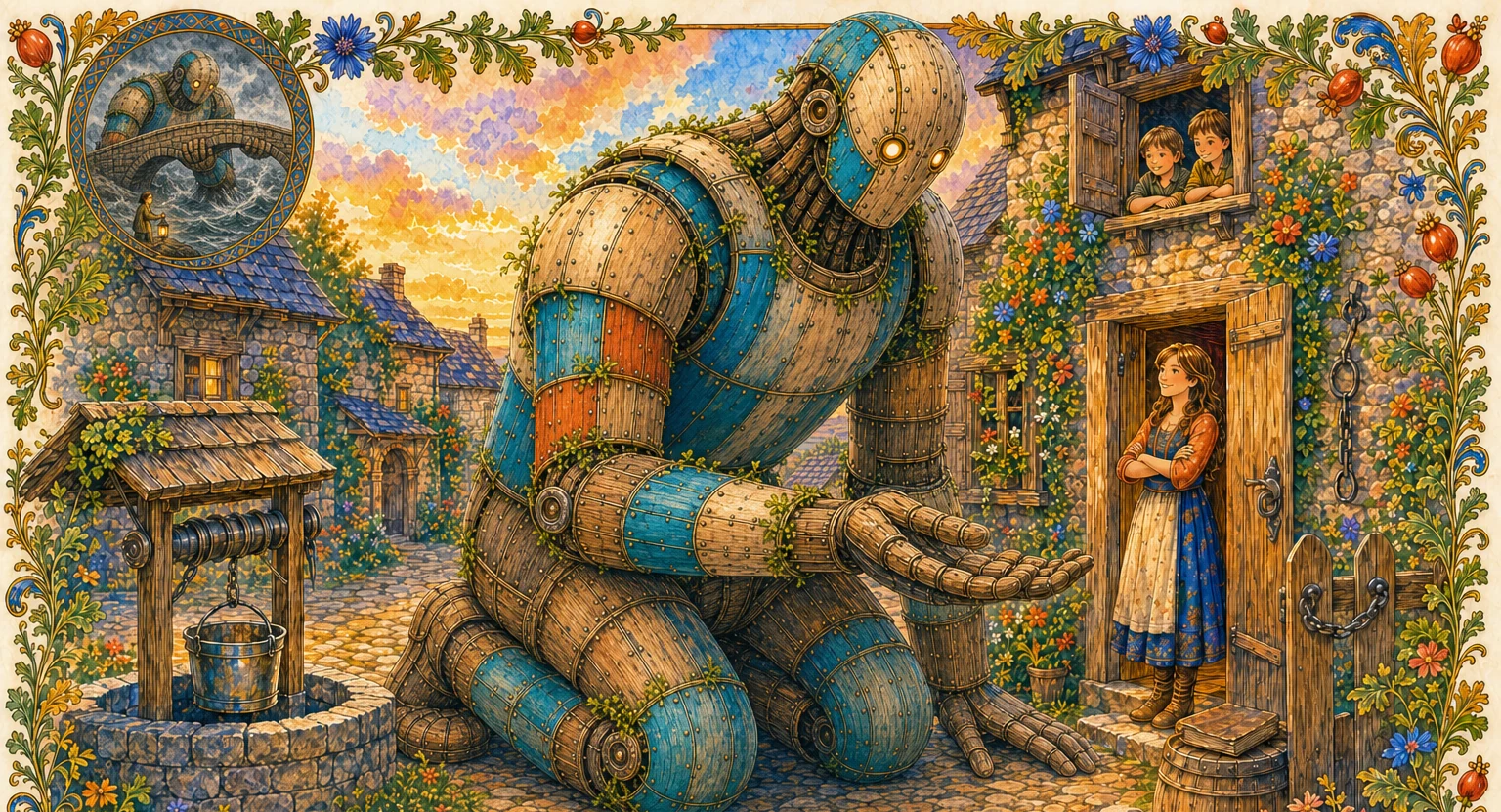 Alder returns from the northern hills with blue stones and snow on one shoulder. At the village boundary he and grown Raluca speak beside a hill bell, low cliff rails made from old links, and an open road in both directions.