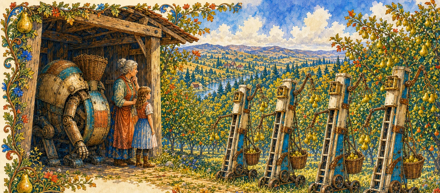 A valley of orchards where identical clever picking-machines work the pear trees in bright light. At one farm, a girl and her grandmother greet an older humped machine in its shed, where its place is settled before any crisis.