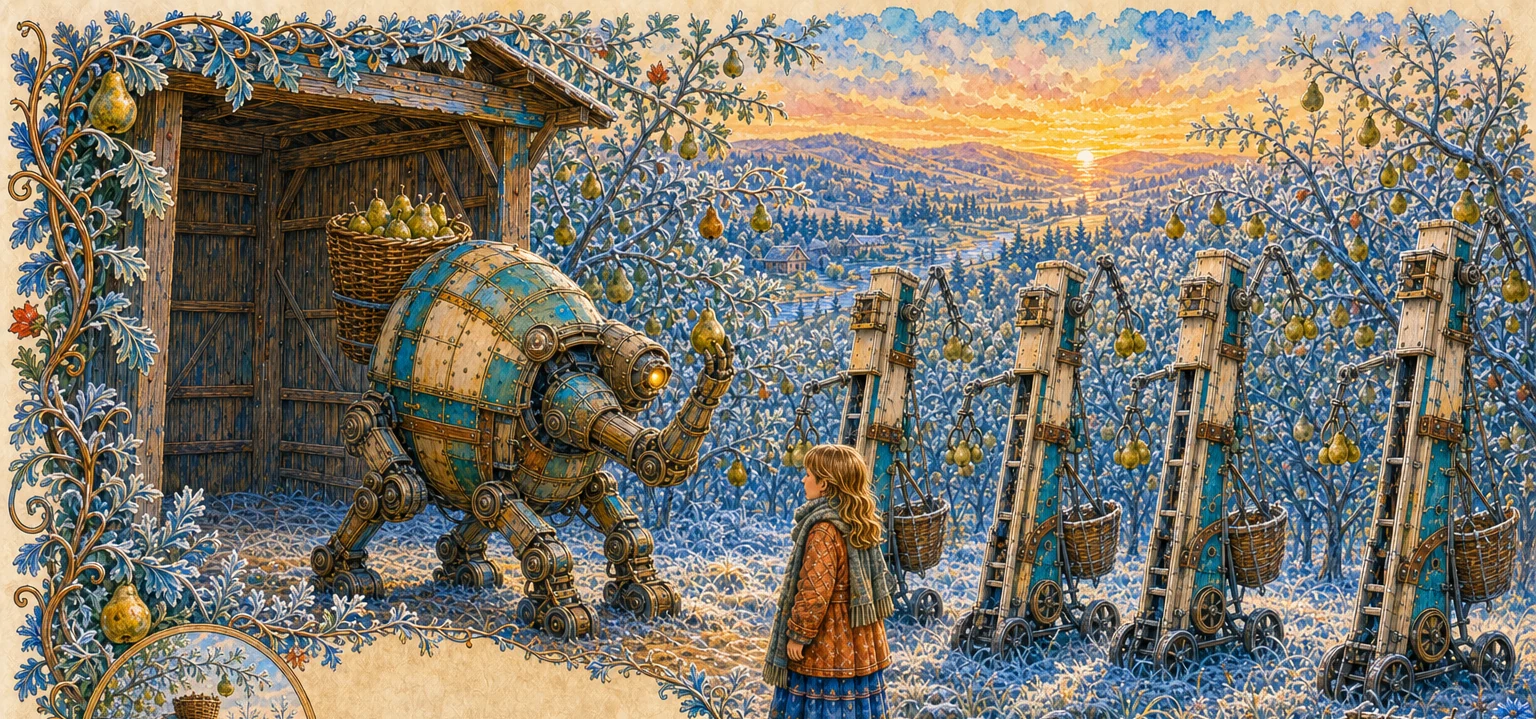 On a cold bright morning, every identical picking-machine stands frozen among the trees. The old machine opens its shoulder for the valley's makers, who study its broad gear and cut several different repairs while farmers gather baskets.