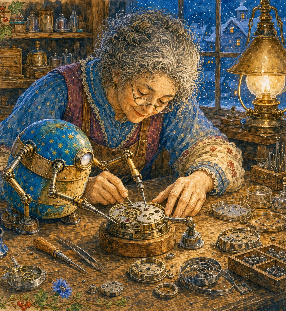 A clockmaker's warm bench at night. A small brass maker-machine with fine delicate hands sets a jewel no bigger than a grain of sugar while the clockmaker leans in with an approving word, half-built clock cases and tools around them.