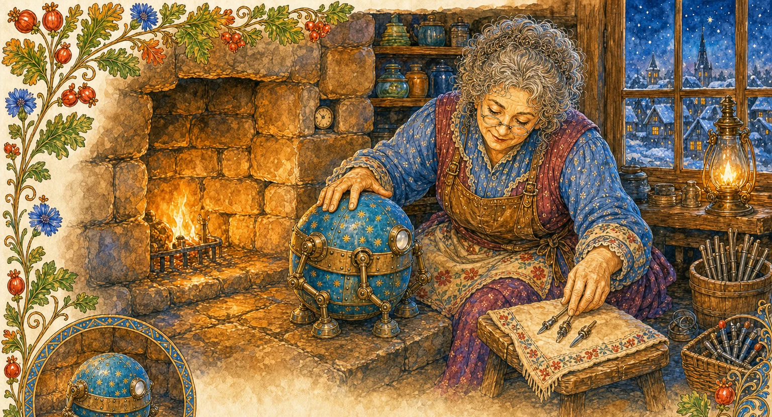 Deep winter dark by the hearth. The clockmaker gently lifts the tools from the little maker's trembling hands and sits it on the warm stones beside her; behind a loose brick nearby waits a tiny thumbnail clock whose hands are fixed at the good part of the evening.