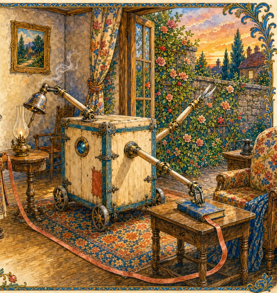 A big smooth house at dusk where a gentle housekeeping machine quietly snuffs a lamp before it can gutter, closes a storybook, and clips the thorns from the roses along the wall, while a small child watches, uncertain.