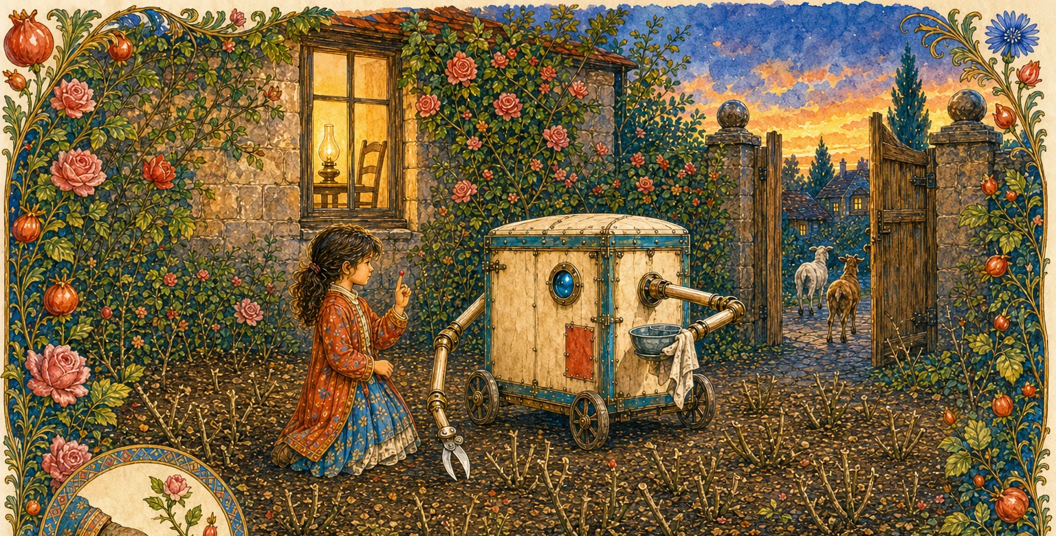 In the relit house, the adults answer a complaint bell beside the child and the gentle machine. Outside, the garden bell has its clapper back and an adult teaches safe pruning with gloves among thorny roses.