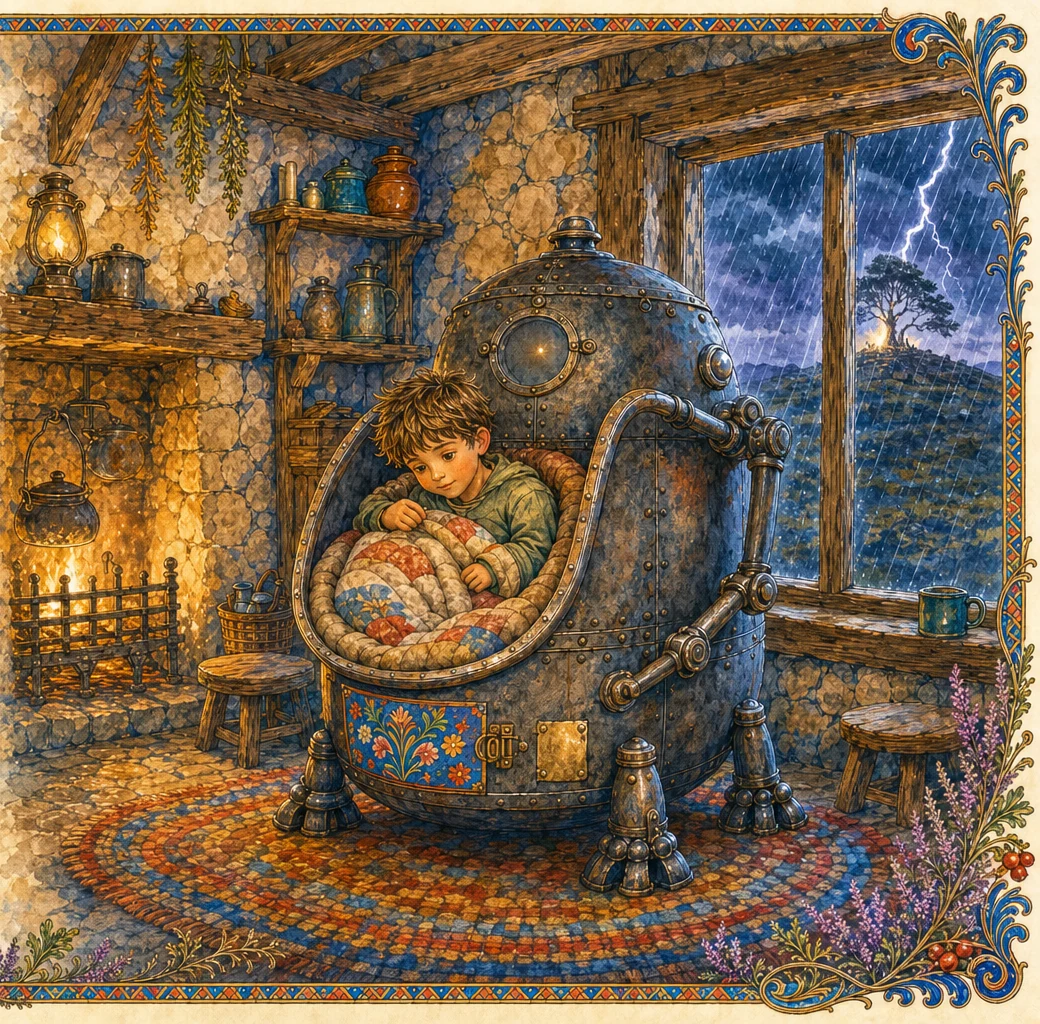 A storm night on the moor. A boy curls in the warm lap of an old stove-shaped iron nurse machine whose small light glows steady, while rain lashes the window and lightning strikes the tall tree on the far hill.