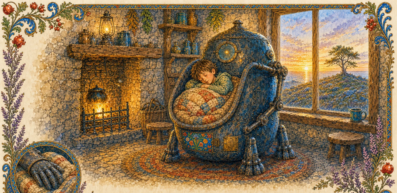 The same room in the deep of night: the boy asleep against the warm iron, and only now, with no one watching, the nurse's small steady light shakes; outside, first dawn touches the sea, the ridge, and the top of the tree in turn.