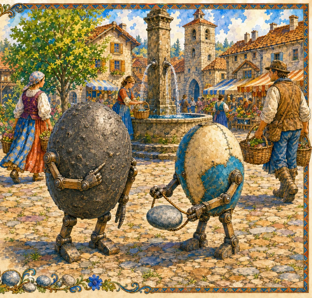 Two made creatures meet in a market lane. One opens a dry ledger drawer inside its softly scarred iron shell; the other holds a plain grey stone gone cold after a lifting-machine's arm passed dangerously close.