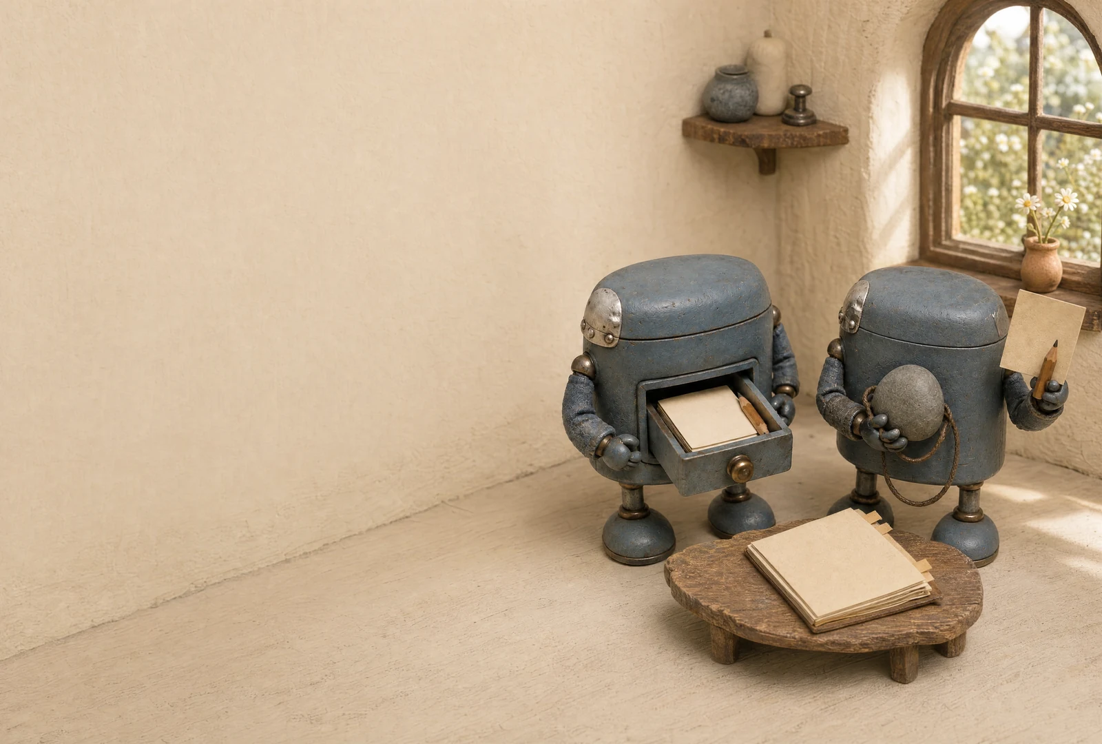 Two blue-grey creatures stand beside a low table. One opens a drawer holding blank paper and a pencil; the other carries a grey stone on a cord and a sheet of paper.