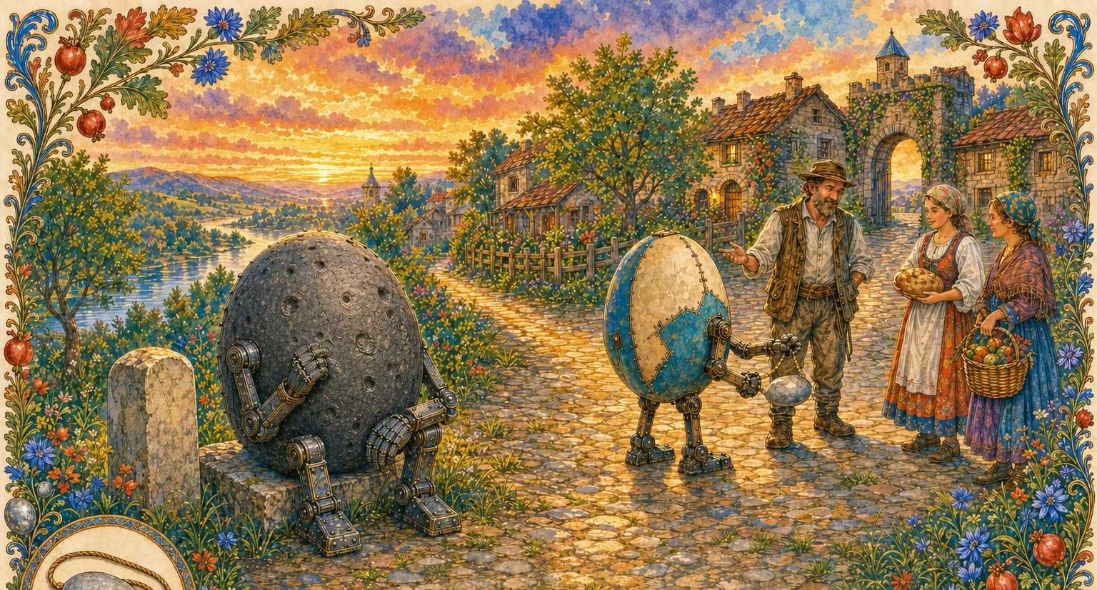 At a flat market table, the two creatures place the ledger, stone, paper, and pencil beside one another while the steward, stallholder, smith, and independent craftsperson examine the repeated pattern together.