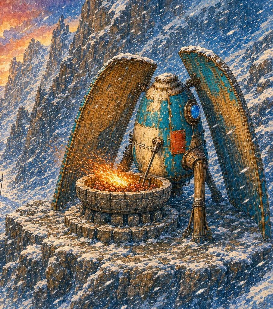 A high cold mountain pass at night. A keeper machine kneels in a scouring wind trying to shield a single great beacon fire that the wind is bending and nearly snuffing, while a lost traveller is barely visible in the streaming snow.