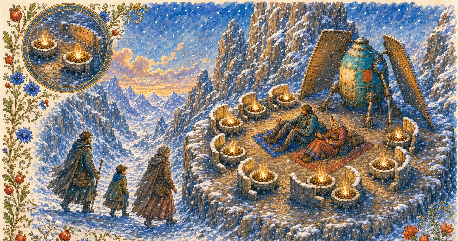The same pass in a killing cold: instead of one fire, a close ring of many small fires burns, each sheltering the next and banked together into a low warm crown of light, as travellers come in out of the dark toward it.