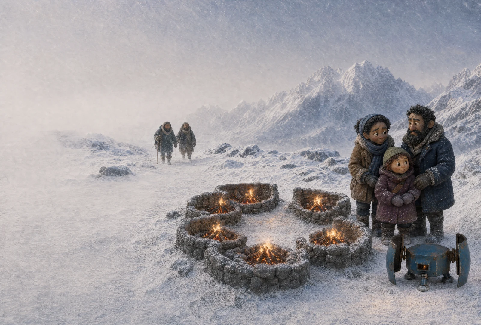 Six small fires burn in separate low stone shelters arranged in a ring. A family and the blue keeper stand beside them as two travellers approach through the snow.