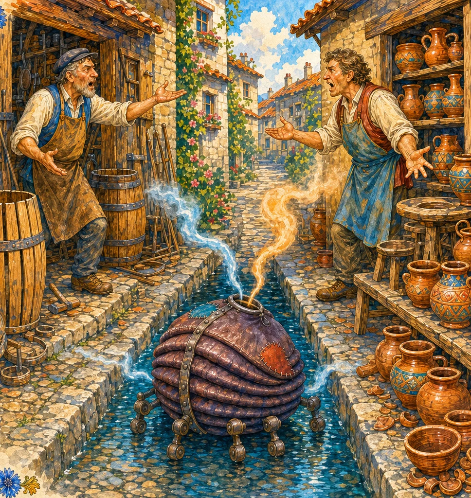 A narrow lane between two workshops whose makers shout sharp words across at each other. Bea watches from the baker Jo's doorway as a low bellows-sided creature swells in the gutter between them.
