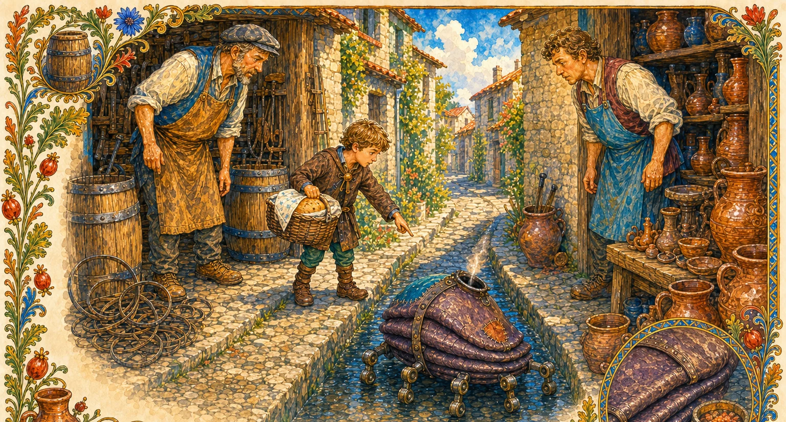 At a flat stone in the lane, the adult guild mediator sits with both workshops, Jo, and a calm Bea. New glass, a marked loading place, written rules, and separate exit doors show apologies becoming repairs while the bellows creature shrinks nearby.
