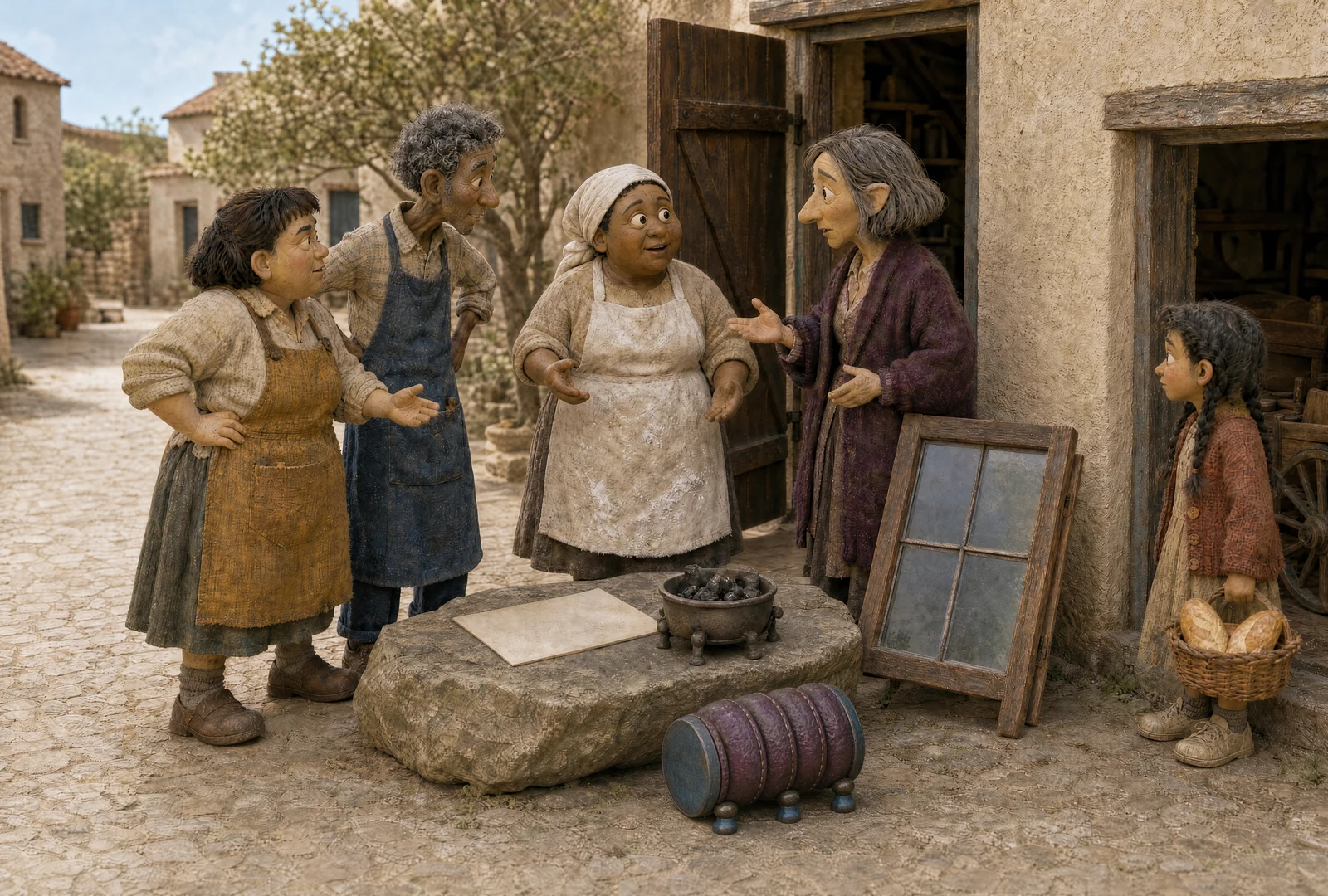 Four adults talk beside a stone slab holding paper and a bowl of charcoal. A replacement window leans nearby; Bea waits with her bread basket while the smaller bellows-creature rests at their feet.