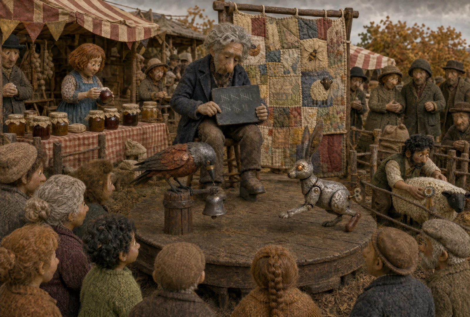 At an autumn fair, a copper jackdaw taps a bell while a tin hare raises its padded hind foot. An auctioneer holds a slate covered in tally marks beneath a quilt with bee and sheep squares. Behind them, Hester examines jam and Idris tends a sheep.