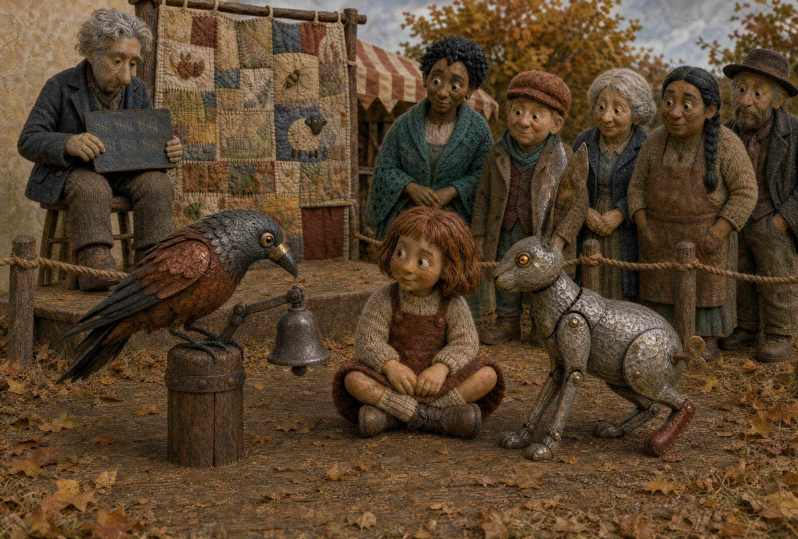Elin sits cross-legged between the copper jackdaw and tin hare on the auction boards. The bird’s beak pauses above the bell and the hare holds one padded hind foot off the ground. The auctioneer holds his tally-mark slate behind them while five distinct adults watch from behind a rope.