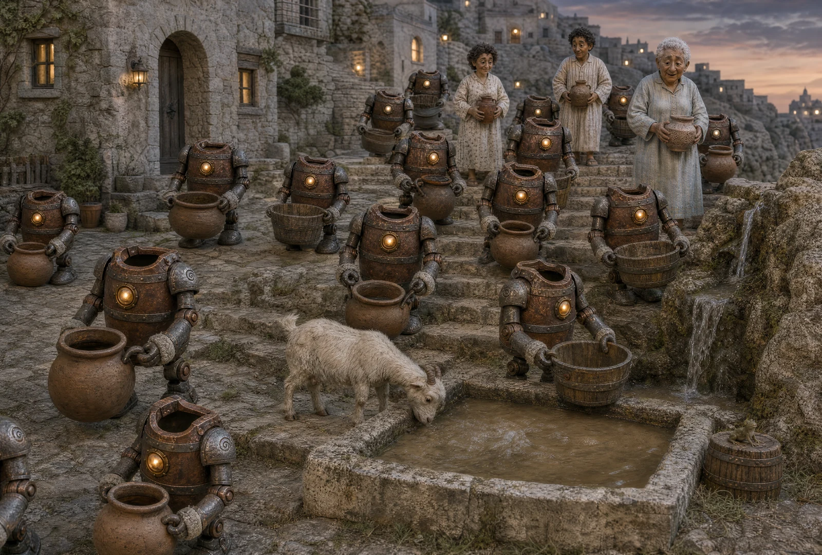 Identical barrel-bodied helpers carry jars, pails and a washtub down narrow stone steps. Three townspeople in nightclothes follow with jars. Clear water falls from the rock into a muddy basin, where a goat lowers its head. A frog sits on an upturned tub.