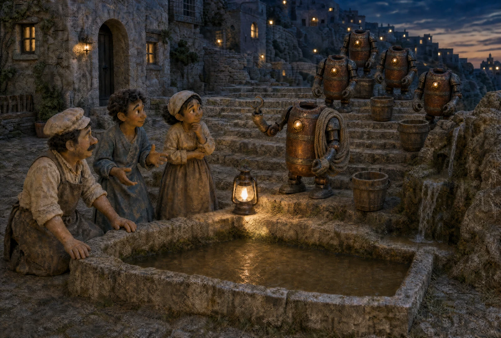 At the same rectangular basin at dusk, a baker rests his hands on the rough rim while two neighbours talk. A helper carrying a coil of rope raises one hook; four matching helpers wait on the steps with empty pails. An oil lantern and chest lamps light the muddy water and stone.